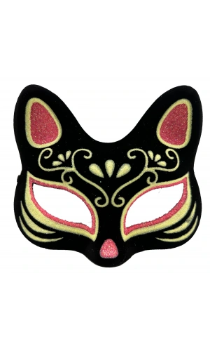 Bidebuvar Siyah Süet Kırmızı Sarı Simli Kedi Maskesi