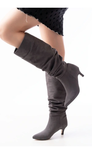 Bidebuvar SR-2001 Gri Süet İnce Topuklu Günlük Bayan Çizme