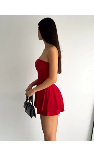 Bidebuvar Straplez Sandy Kumaş Şortlu Prenses Etek Mini Kloş Elbise - Kırmızı