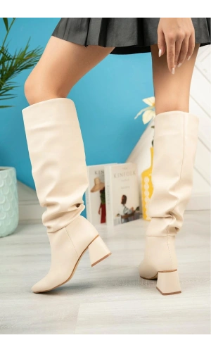 Bidebuvar SYT-2002 Bej Körüklü Kalın Topuklu Günlük Bayan Çizme