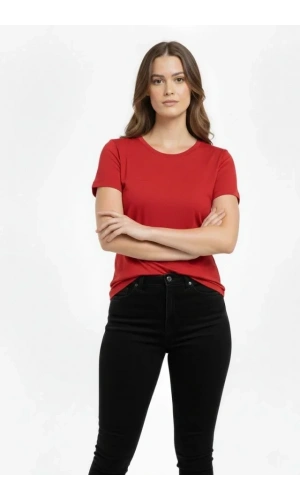 Bidebuvar T-Shirt Bisiklet Yaka Slim Fit Likralı Tişört Günlük Basic Body - Kırmızı