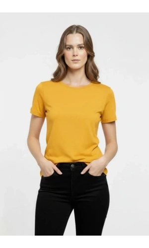 Bidebuvar T-Shirt Bisiklet Yaka Slim Fit Likralı Tişört Günlük Basic Body - Sarı