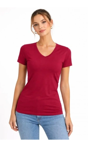 Bidebuvar T-Shirt V Yaka Slim Fit Likralı Tişört Günlük Basic Body - Bordo