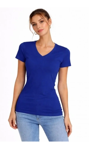 Bidebuvar T-Shirt V Yaka Slim Fit Likralı Tişört Günlük Basic Body - İndigo