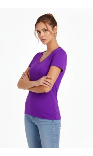 Bidebuvar T-Shirt V Yaka Slim Fit Likralı Tişört Günlük Basic Body - Mor