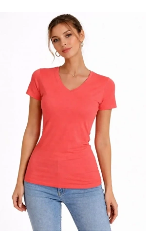 Bidebuvar T-Shirt V Yaka Slim Fit Likralı Tişört Günlük Basic Body - Nar Çiçeği