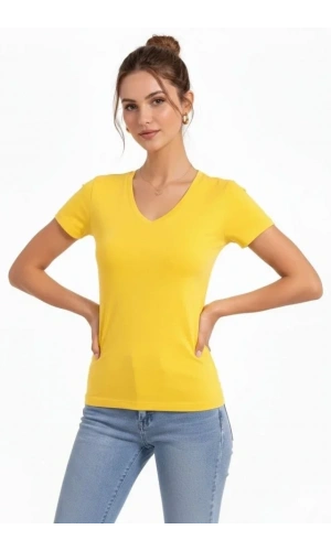 Bidebuvar T-Shirt V Yaka Slim Fit Likralı Tişört Günlük Basic Body - Sarı