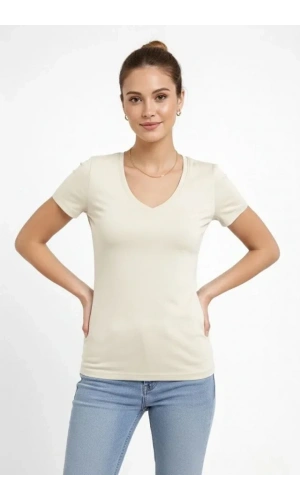 Bidebuvar T-Shirt V Yaka Slim Fit Likralı Tişört Günlük Basic Body - Taş