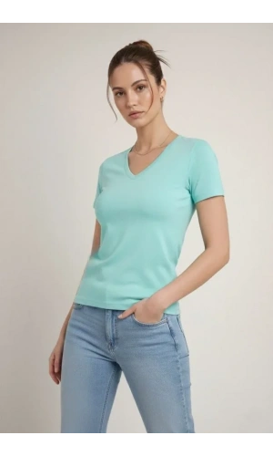 Bidebuvar T-Shirt V Yaka Slim Fit Likralı Tişört Günlük Basic Body - Turkuvaz