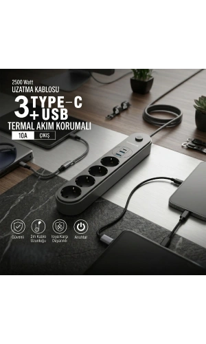 Bidebuvar Termal Akım Korumalı 4 Prizli USB Girişli Uzatma Kablosu