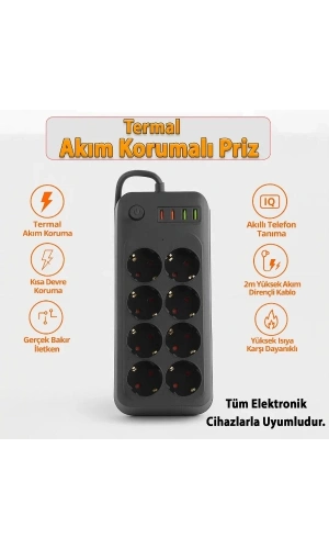 Bidebuvar Termal Akım Korumalı 8 Prizli Uzatma Kablosu