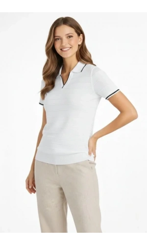 Bidebuvar Triko Kumaş Yakalı Düğmesiz Açık Yaka Fitilli Kısa Kollu Regular Fit Tişört T-shirt - Beyaz