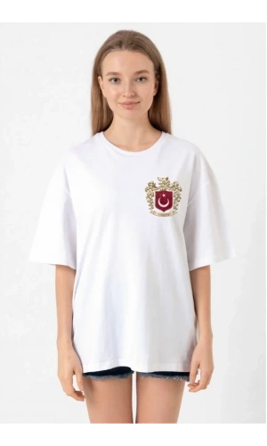 Bidebuvar Türk Arma Baskılı Oversize Bisiklet Yaka Günlük T-shirt - Beyaz