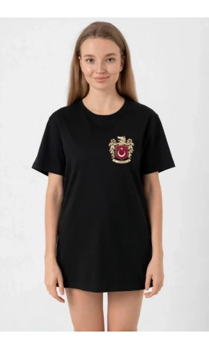 Bidebuvar Türk Arma Baskılı Oversize Bisiklet Yaka Günlük T-shirt - Siyah