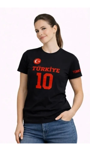 Bidebuvar TÜRKİYE Ay Yıldız Baskılı 10 Numara Forma Tişört Taraftar T-Shirt - Siyah