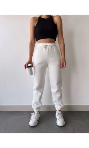 Bidebuvar Üç İplik Basic Lastikli Eşofman Pantolon - Beyaz