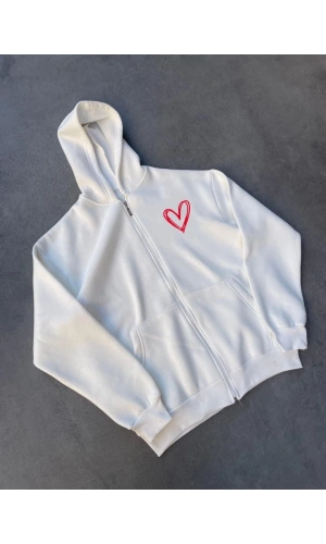 Bidebuvar Üç İplik Baskılı Fermuarlı Kapşonlu Hırka - Beyaz