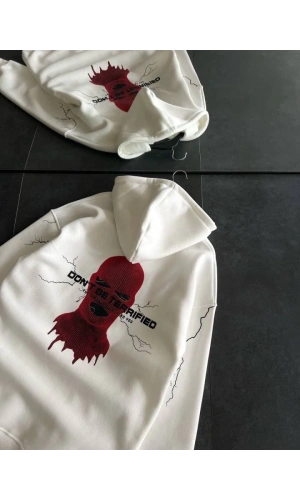 Bidebuvar Üç İplik Kapşonlu Baskılı Oversize SweatShirt- Beyaz