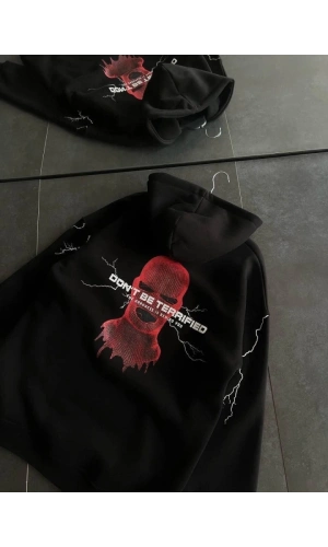 Bidebuvar Üç İplik Kapşonlu Baskılı Oversize SweatShirt- Siyah