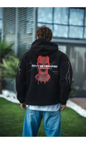 Bidebuvar Üç İplik Kapüşonlu Baskılı Oversize SweatShirt- Siyah