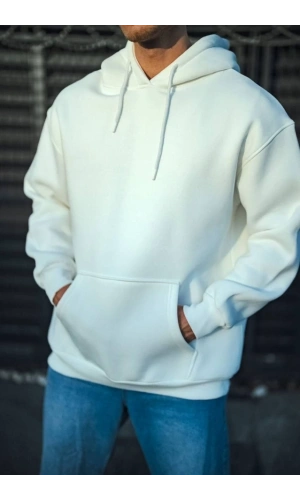 Bidebuvar Üç İplik Penye Kapşonlu Basic SweatShirt - Beyaz