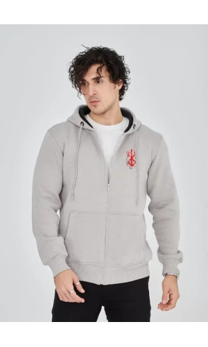 Bidebuvar Unisex Baskılı Tam Fermuarlı Kapşonlu SweatShirt - Boyalı Gri