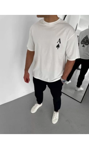 Bidebuvar Unisex Bisiklet Yaka Baskılı Oversize T-Shirt - Beyaz