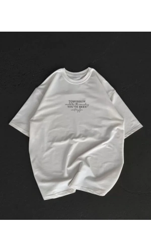 Bidebuvar Unisex Bisiklet Yaka Baskılı Oversize T-Shirt - Beyaz