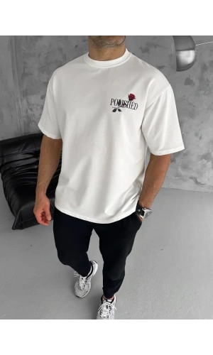 Bidebuvar Unisex Bisiklet Yaka Baskılı Oversize T-Shirt - Beyaz