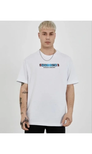 Bidebuvar Unisex Bisiklet Yaka Baskılı Oversize T-Shirt - Beyaz