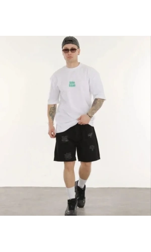 Bidebuvar Unisex Bisiklet Yaka Baskılı Oversize T-Shirt - Beyaz