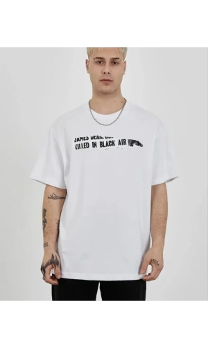 Bidebuvar Unisex Bisiklet Yaka Baskılı Oversize T-Shirt - Beyaz