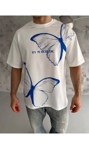 Bidebuvar Unisex Bisiklet Yaka Baskılı Oversize T-Shirt - Beyaz