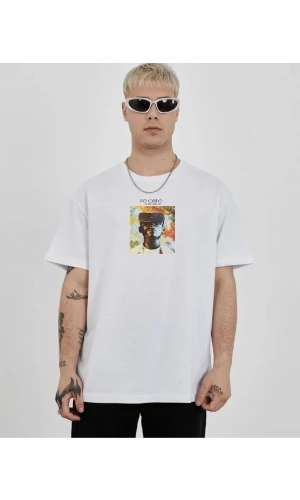 Bidebuvar Unisex Bisiklet Yaka Baskılı Oversize T-Shirt - Beyaz