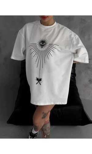 Bidebuvar Unisex Bisiklet Yaka Baskılı Oversize T-Shirt - Beyaz