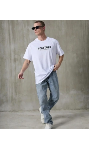 Bidebuvar Unisex Bisiklet Yaka Baskılı Oversize T-Shirt - Beyaz