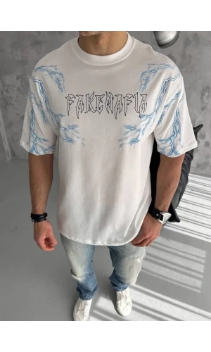 Bidebuvar Unisex Bisiklet Yaka Baskılı Oversize T-Shirt - Beyaz