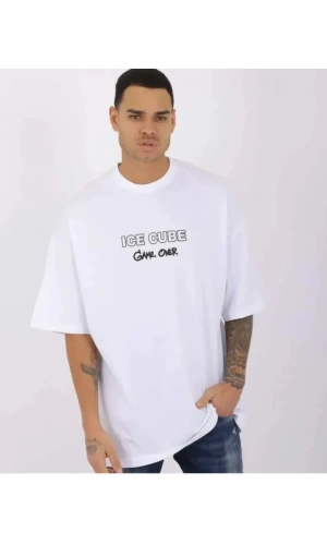 Bidebuvar Unisex Bisiklet Yaka Baskılı Oversize T-Shirt - Beyaz