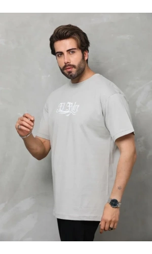 Bidebuvar Unisex Bisiklet Yaka Baskılı Oversize T-Shirt - Gri