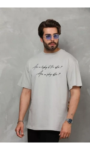 Bidebuvar Unisex Bisiklet Yaka Baskılı Oversize T-Shirt - Gri