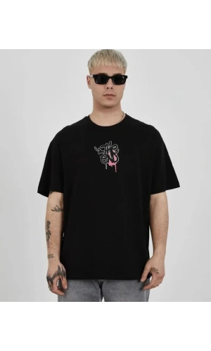 Bidebuvar Unisex Bisiklet Yaka Baskılı Oversize T-Shirt - Siyah