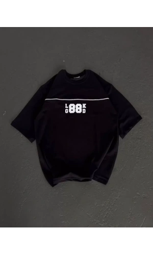 Bidebuvar Unisex Bisiklet Yaka Baskılı Oversize T-Shirt - Siyah