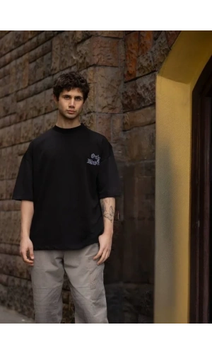 Bidebuvar Unisex Bisiklet Yaka Baskılı Oversize T-Shirt - Siyah