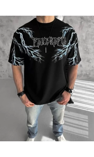 Bidebuvar Unisex Bisiklet Yaka Baskılı Oversize T-Shirt-Siyah