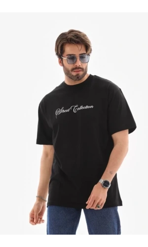Bidebuvar Unisex Bisiklet Yaka Baskılı Oversize T-Shirt - Siyah