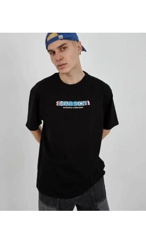 Bidebuvar Unisex Bisiklet Yaka Baskılı Oversize T-Shirt - Siyah