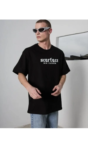 Bidebuvar Unisex Bisiklet Yaka Baskılı Oversize T-Shirt - Siyah