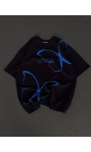 Bidebuvar Unisex Bisiklet Yaka Baskılı Oversize T-Shirt - Siyah