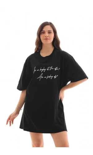 Bidebuvar Unisex Bisiklet Yaka Baskılı Oversize T-Shirt - Siyah