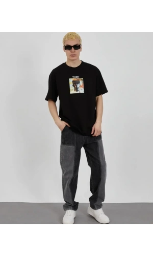 Bidebuvar Unisex Bisiklet Yaka Baskılı Oversize T-Shirt - Siyah